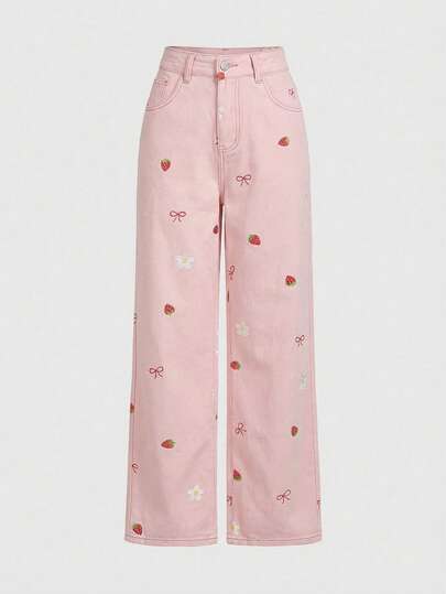 Kawaii Women's Casual Strawberry & Bow Print Denim Jeans