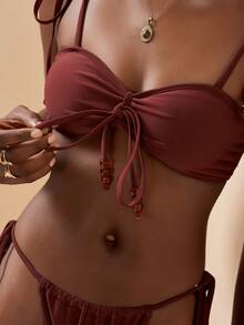 Zivah Nouveau bikini élégant et décontracté pour les vacances à la plage, avec nœud réglable et perles, rouge foncé et marron - Tabac - Voir 6
