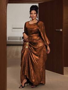 Maweii Plus Size Solid Color Round Neck Waist Gathered Vintage Elegant Dress - Coral Orange - View 4