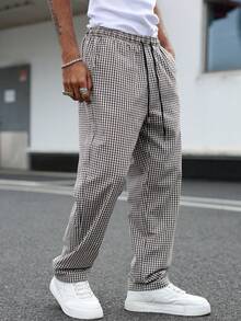 Claim Dot Men's Casual Plaid Drawstring Waist Pants Men Black And White Pants