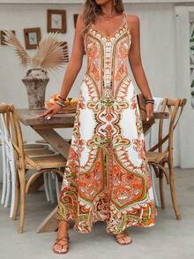 Breezaya 全身印花吊带连衣裙，适合夏季超长度假海滩装女士 - 橘色 - 查看 1