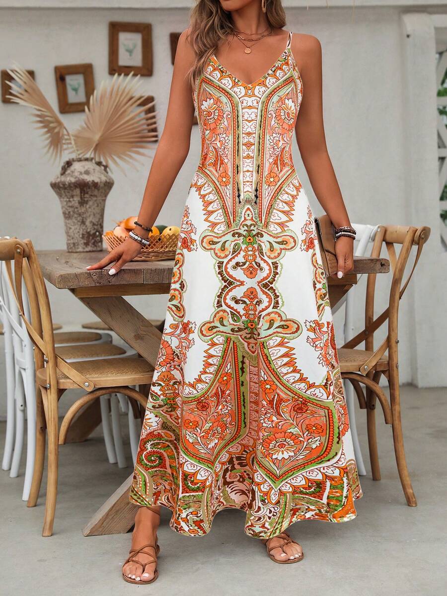 Breezaya 全身印花吊带连衣裙，适合夏季超长度假海滩装女士 - 橘色 - 查看 1
