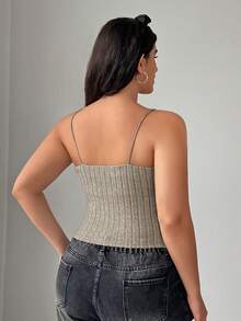 SHEIN EZwear Plus Size Apricot Ribbed Camisole Top With Built-In Bra, Suitable For Early Autumn - Apricot - View 2