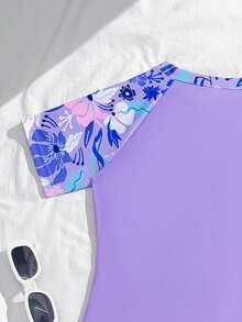 SHEIN Tween Girls 1-Piece Swimsuit With Zipper Front,Floral Print Short Sleeve,Modest Rash Guard Set,Purple Summer Casual Beach Holiday Vacation Holiday - Purple - View 5