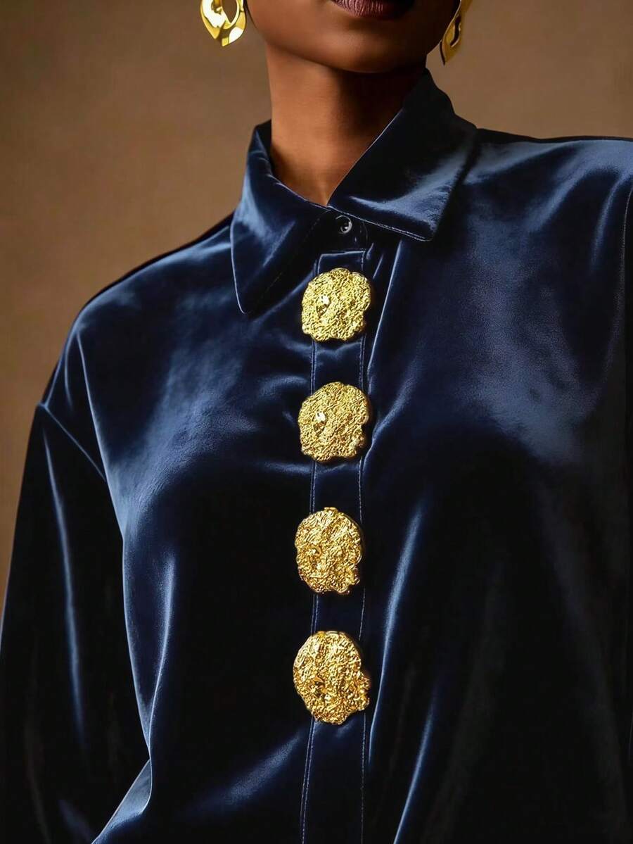 Vesra 优雅丝绒金扣女士衬衫 - 藏蓝色 - 查看 1