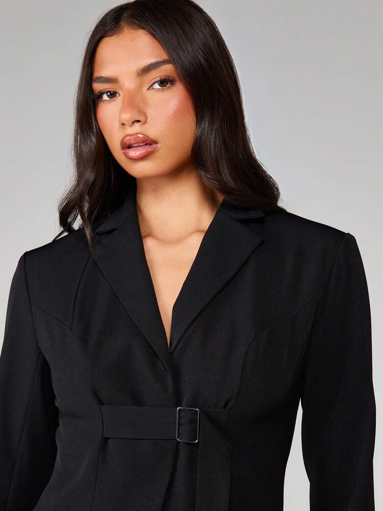 MISSGUIDED Professional Black Wrap Blazer With Belt Detail Lapel Collar Long Sleeve Tailored Jacket For Business Office Work