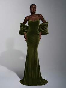 Elitara 优雅、浪漫、性感、简约、深紫色面料、水钻装饰、蝙蝠袖、鱼尾裙摆、拖尾、露背、时尚、网红、节日、度假、生日派对、婚礼、正式晚宴礼服 - 橄欖綠 - 查看 6