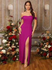SHEIN Belle 女士时尚派对纯色露肩高开衩伴娘礼服（成人款） - 中紫紅色 - 查看 1