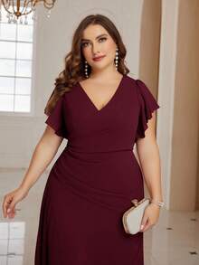 SHEIN Belle Váy phù dâu cỡ lớn, cổ chữ V, xẻ tà cao đến đùi, chất liệu chiffon, màu trơn. - Màu Tím - Xem 5