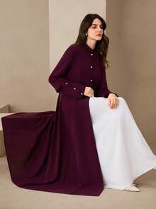 Graceveil Women's Elegant Fitted Abaya Robe, Solid Color, Autumn/Winter - Burgundy - View 7