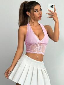 SHEIN EZwear Women's Pink Lace Patchwork Backless Casual Camisole, Valentine's Day Ladies Tank Top - Pink - View 6