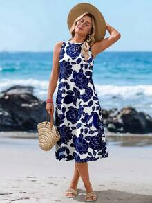 Vestido azul y blanco de estampado floral estilo midi casual, apropiado para primavera/verano para mujeres - Multicolor - Ver 4