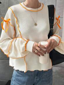 FRIFUL 女士圆领宽松撞色荷叶边撞色袖口蝴蝶结装饰宽松休闲卫衣 - 米色 - 查看 3