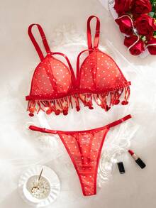 Bộ đồ lót 2 món chấm bi lưới xếp ly sang trọng cỡ lớn, Giáng sinh - Đỏ - Xem 5