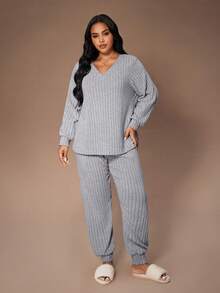 Lazeform Plus Size Knit Ribbed Fleece V-Neck Casual Minimalist Long Sleeve Pajama Set, Suitable For Loungewear