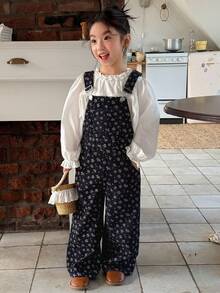 DAZY Young Girl Casual Ditsy Floral Denim Bib Overalls - Blue - View 4