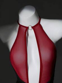 SHEIN Váy ngủ ôm sát cổ yếm thiết kế chắp vá khoét hở gợi cảm dành cho nữ - Màu Đỏ Sâu - Xem 4