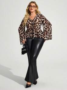 Truni Fall Clothes For Women,WinterPlus Size Women Leopard Print Tie Front Flare Sleeve Fashionable T-Shirt, Leopard Print - Brown - View 4