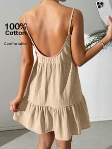 SHEIN EZwear Solid Color Spaghetti Strap Ruched Minimalist Short Dress, Casual Everyday Wear,Backless Dress - Apricot - View 7