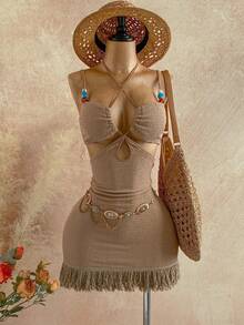 Soleia 女士度假浪漫迷你连衣裙，春夏款，针织纹理面料，彩色串珠装饰，可调节挂脖和肩带，适合海滩、海边、约会、派对、假日邮轮、城市度假、波西米亚风度假、音乐节、嬉皮风、西部风等场合。 - 卡其色 - 查看 8