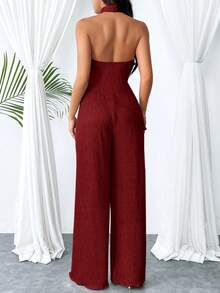 Firerie Women's Elegant Casual Commute Office Outfit Pleated Halter Backless Asymmetrical Hem Shirt & Wide Leg Pants 2-Piece Set, Khaki - Red - View 2