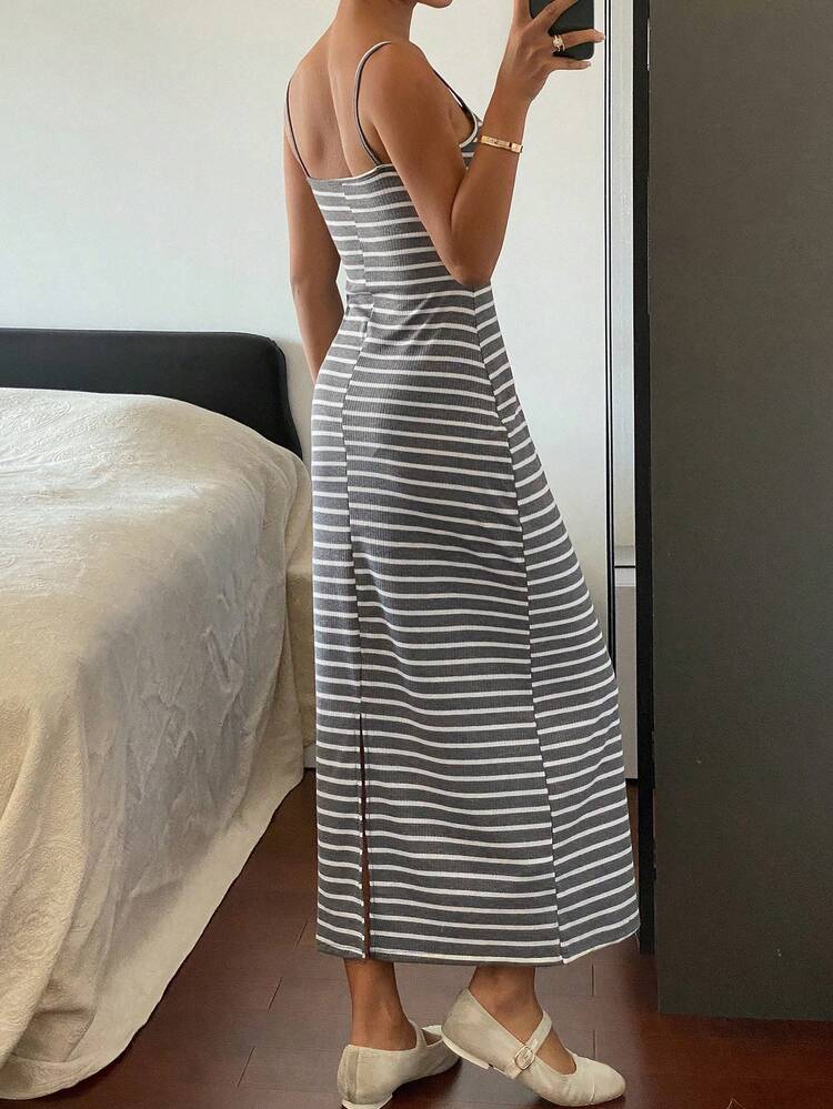 Contrast Striped Fitted Long Camisole Dress, Casual Resort Wear For Women, Spring/Autumn Sundress