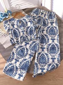 两件套女童休闲度假印花圆领短袖T恤，后背镂空设计，搭配松紧腰阔腿裤 - 藍色 - 查看 2