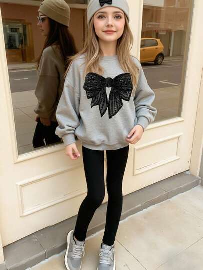 Elladie kids Fall 2-Piece Sets For Tween Girls, Casual Fashion Creative Glitter Bow Decor Pattern Print Warm Comfortable Outfit, Crew Neck Sweatshirt And Leggings