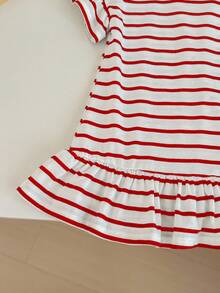 SHEIN Babygirl Cute Knitted Striped Heart Pattern Short Sleeve Dress, Spring/Summer