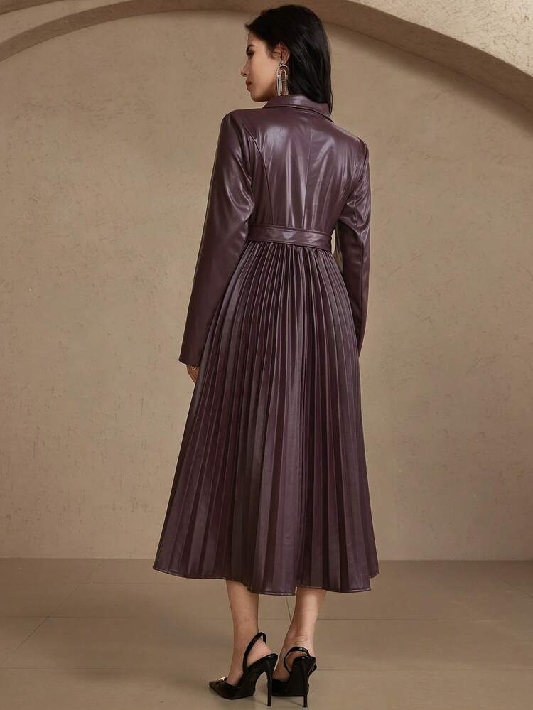 Women's Elegant Solid Color PU Leather Lapel Belted Pleated Midi Dress, Autumn/Winter