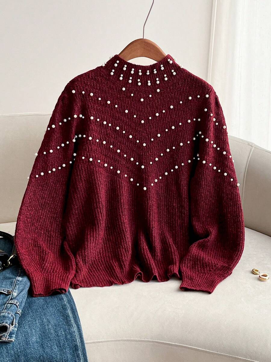 Firerie Women's Pearl Decor Casual Pullover Sweater - Burgundy - View 1