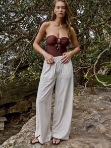 Aralina Pantalones casuales, elegantes y de lujo para mujer con cintura elástica y rayas, con pierna ancha, perfectos para looks de fiesta de Navidad y Año Nuevo - Multicolor - Ver 5