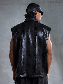ROMWE MEN Grunge Punk 男士夏季时尚街头风PU皮革鳄鱼纹压花纽扣前襟背心 - 黑色 - 查看 5