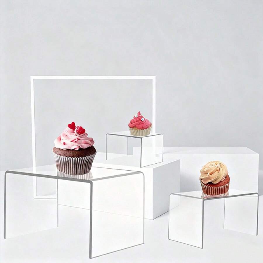 1/2 Set Of Acrylic Tiered Display Stands, Rectangular Acrylic Cupcake Cosmetic Art Jewelry Storage Racks, Home Office Retail Store Desktop Decorative Shelves - Transparent/Black - View 1