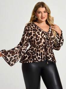 Truni Fall Clothes For Women,WinterPlus Size Women Leopard Print Tie Front Flare Sleeve Fashionable T-Shirt, Leopard Print - Brown - View 6