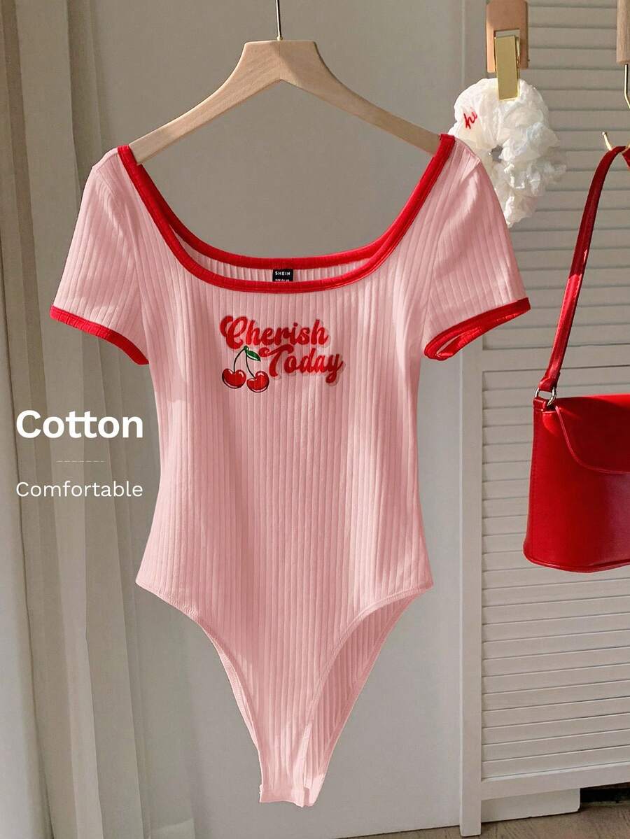 Comfortcana Summer Casual Pink & Red Color Block Fruit Printed Bodysuit - Pink - View 1