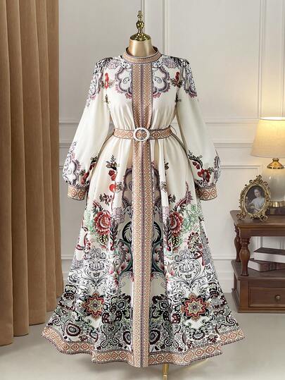Rometta Plus Size Women Vintage Elegant Floral Print Long Sleeve Belted Waist Slimming Maxi Dress, Bohemian Print Tie Waist Long Collar Floral Maxi Dress, Autumn/Winter New Floral Print Waist Cinched Long Dress, Suitable For Vacation, Beach, Summer Garden Party Or Picnic