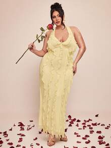 SHEIN BAE 大码女式黄色V领荷叶边长款网纱针织连衣裙，优雅春夏度假连衣裙 - 黃色 - 查看 8