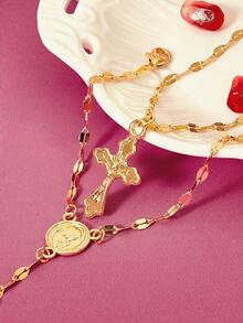 Glisma 2 Pieces Set: Versatile Fashion Gold Religious Cross Pendant Bracelet With Classic Adjustable Finger Ring Chain Jewelry, Suitable For Daily Wear - Multicolor - View 2