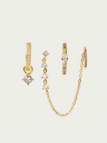 Glisma 3pcs/Set Delicate Cubic Zirconia Chain Ear Studs Clip-On Earrings, Women Formal Party Jewelry (Quantity Fits One Ear) - Yellow Gold - View 2