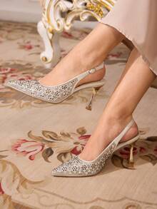 CUCCOO TILAWA Zapatos de tacón alto elegantes con adorno de rhinestones en la punta para mujer - Champán - Ver 4