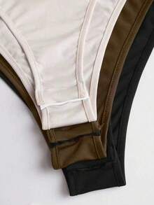 Sweetra 3pcs/Set Women's Long Sleeve Bodysuit In Apricot, Coffee Brown, Black, Slim Fit Minimalist Commuter Versatile