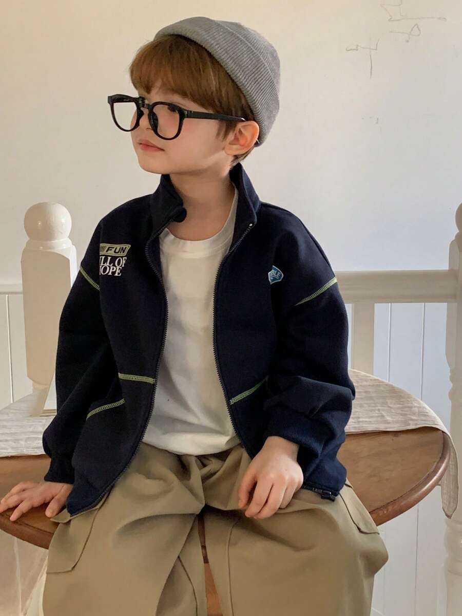 DAZY Young Boy Casual Letter Graphic Drop Shoulder Zip-Up Jacket, Autumn - Navy Blue - View 1