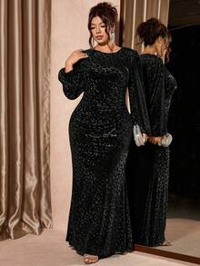 Cravure Plus Size Women's Glossy Gold Thread Slim Long Elegant Dress Plus Size Evening Gowns Royal Blue Elegant Dress Women Curve Formal Evening Gown Luxury Dress For Women Curve Blue Dress Vestidos Elegantes Para Fiesta  Vestido De Festa  Rave Outfits For Women Leopard Print Leopard Print Dress Sparkly Dress Elegant Dresses For Women  Vestido Azul  Party Dress فستان عيد Festival Outfits Women - Black - View 7