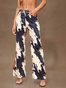 Denimoi 秋季女装，低腰 Y2k 宽松豹纹印花双口袋直筒宽松牛仔裤。女士牛仔裤，女士裤子日常穿着 - 米色 - 查看 6