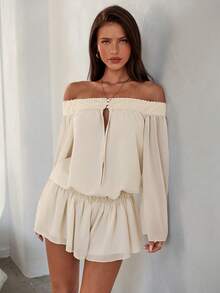 Aloruh 女士新款杏色纯色长袖雪纺迷你A字荷叶边连衣裙 - 杏色 - 查看 1