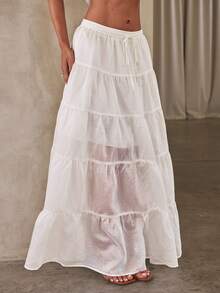 Aloruh Saia Longa Máxi Sólida Bege Nova Chegada Primavera/Verão, Tecido de Linho, Saia Guarda-Chuva Casual Elegante Estilo A-Line, Roupa de Resort Estilo Boêmio - Branco - Visão 4