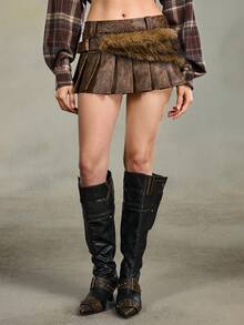 ROMWE EDITION Chân váy ngắn bằng da PU phối lông thú màu nâu kiểu retro Y2K gợi cảm dành cho nữ - màu nâu - Xem 6