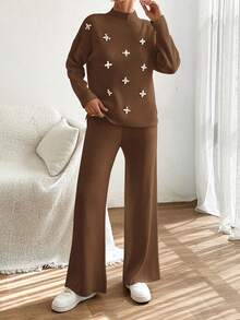 EURMUSE Women Sweater With Pearl Detailed And Knit Pant - Brown - View 5