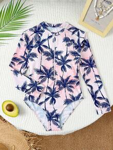 SHEIN Tween Girl One-Piece Long Sleeve Swimsuit With Zipper Design, Palm Tree Print, Beach & Resort Wear Summer Vacation Thermal Christmas Holiday Festival New Years Valentines Swim Girls Long Sleeve One Piece Swimsuit  Tween Long Sleeve Swimsuit Teen Girl Swim Rash Guard Shien Tween Girl Coconut Tree Swimsuit Swimsuit With Palm Trees Long Sleeve Bathing Suit - Multicolor - View 5